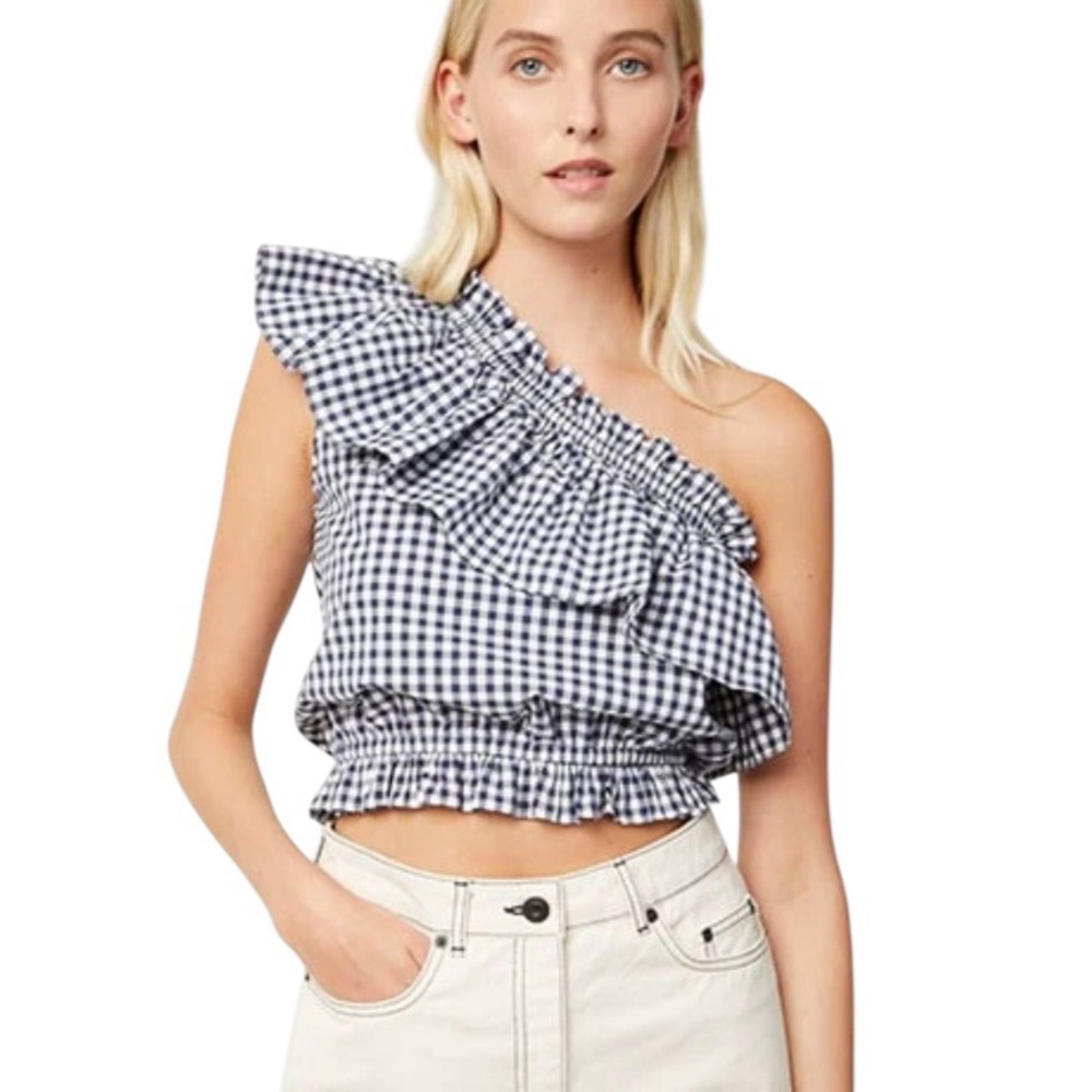 French Connection Breezy Boho Tomato Girl One‎ Shoulder Ruffle Gingham Top 6